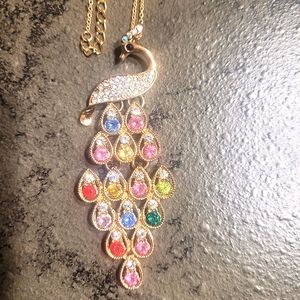 CONVERSATION Piece , Multi Colored Crystals Peacock Necklace..18" + 2" NWOT